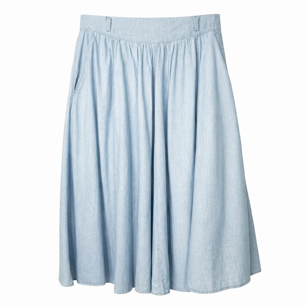 Vintage Denim Midi Skirt Size M‎ Light Wash Pleated Waist Pockets Side Buttons